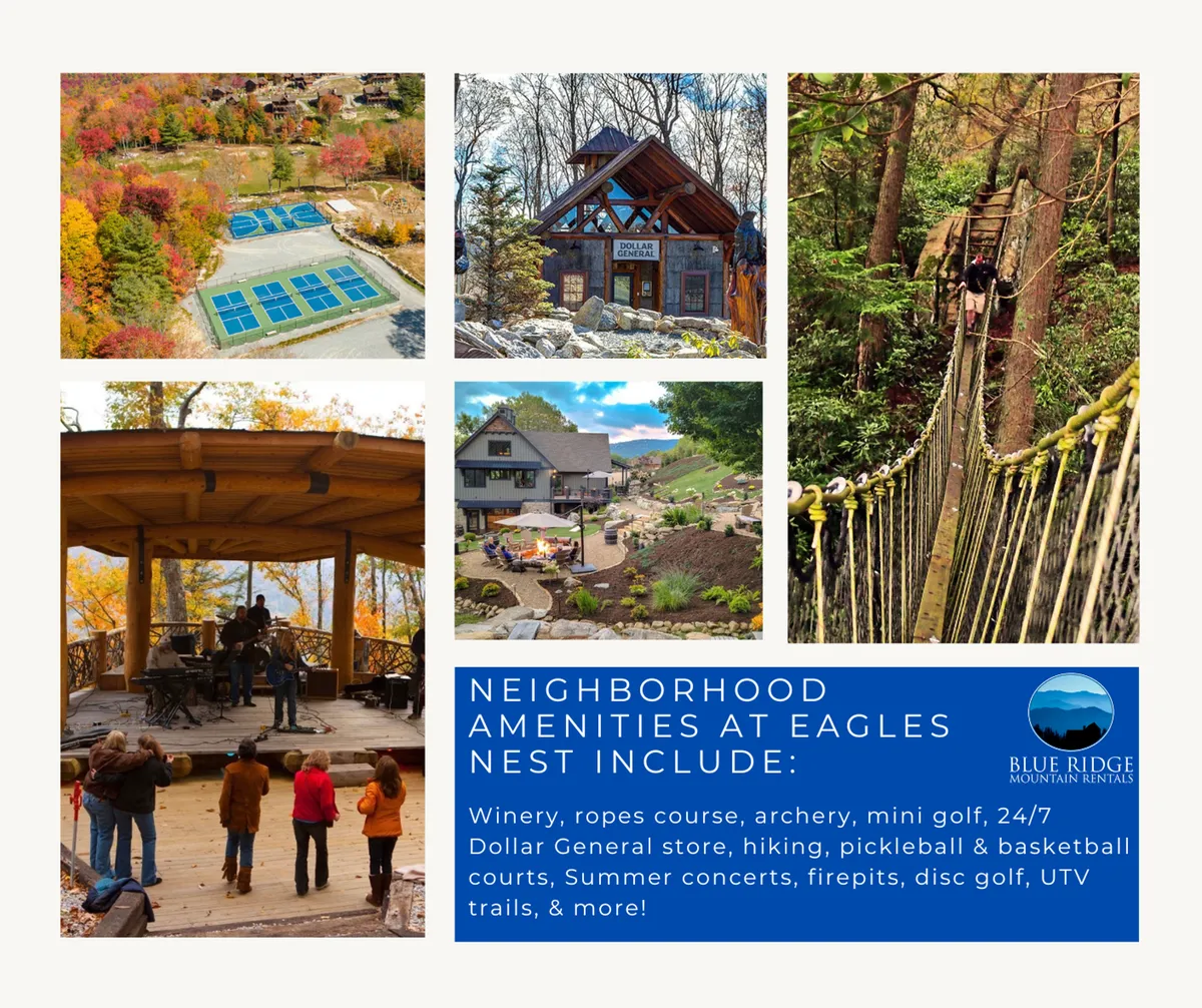 A scenic view showing recreational facilities integrated into a lush landscape, with visible sports courts, nature trails, gathering spaces, and open areas that hint at community events like concerts. People are seen engaging in various activities such as hiking, playing mini golf, attending a live performance, and exploring nature.